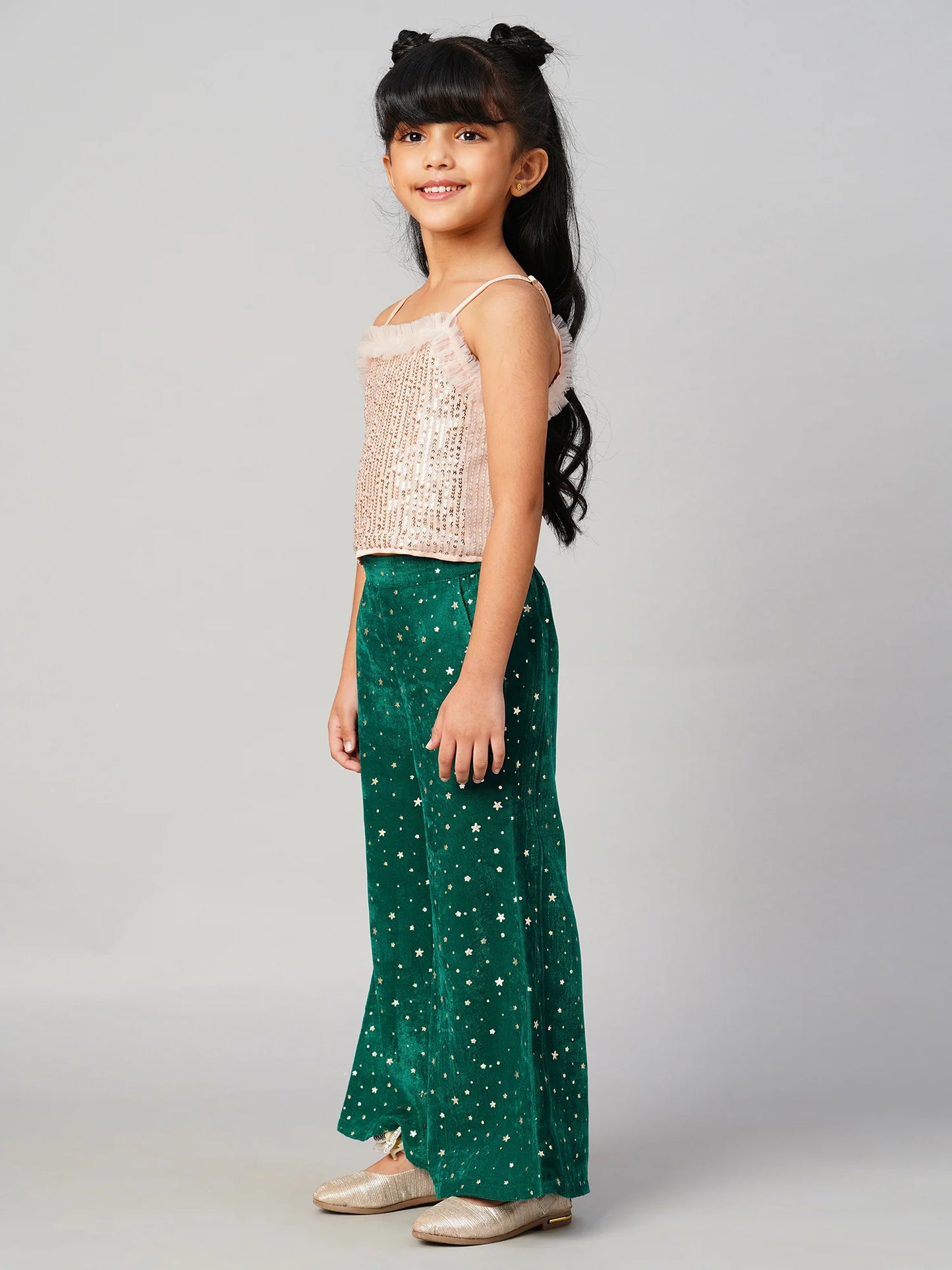 Razzle Dazzle Girls Gold Sequins Party Top With Velvet Pants - Kee&Ka