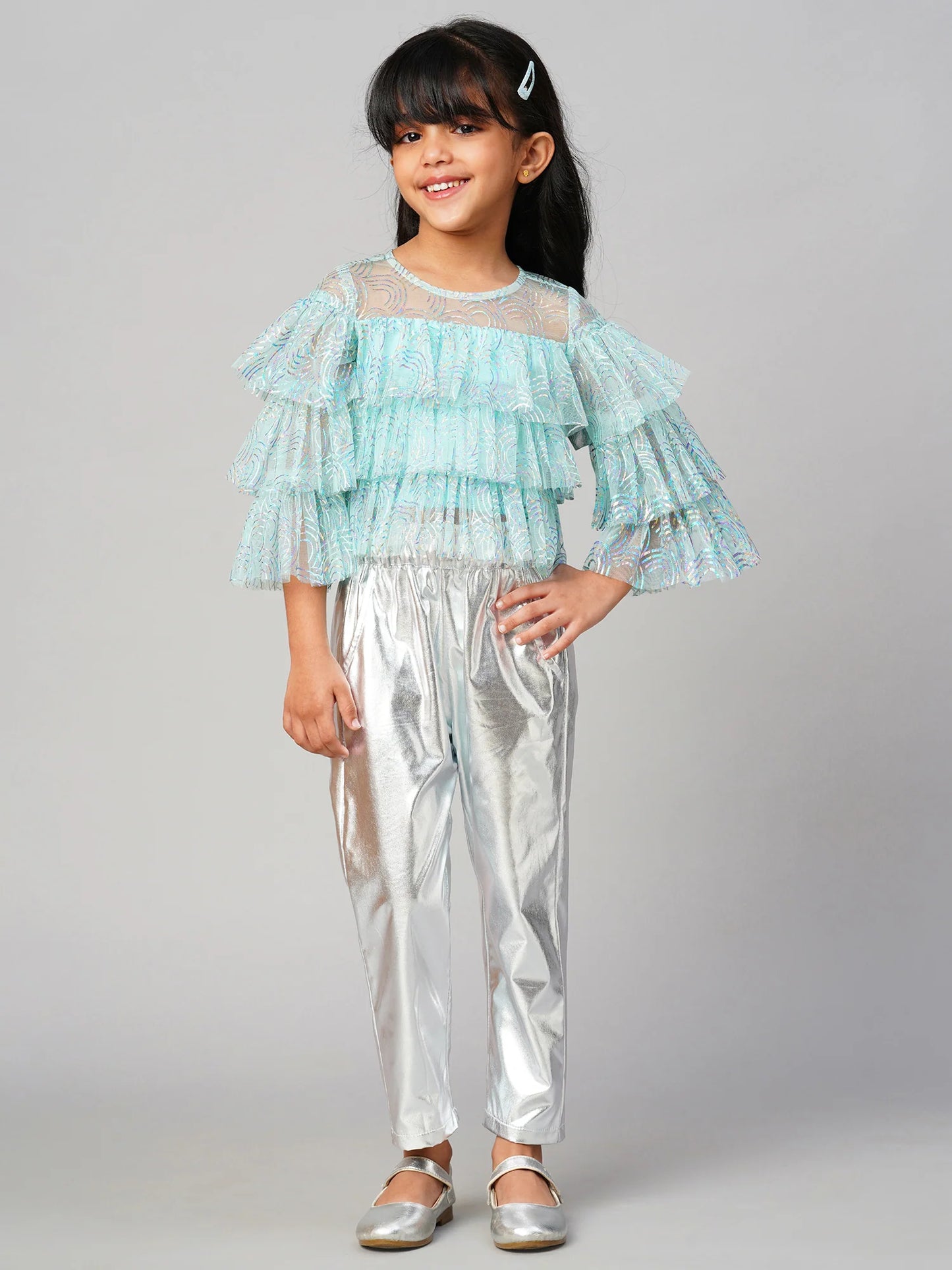 Glam Up Girls Shimmer Blue Party Top with Pant set for Girls - Kee&Ka