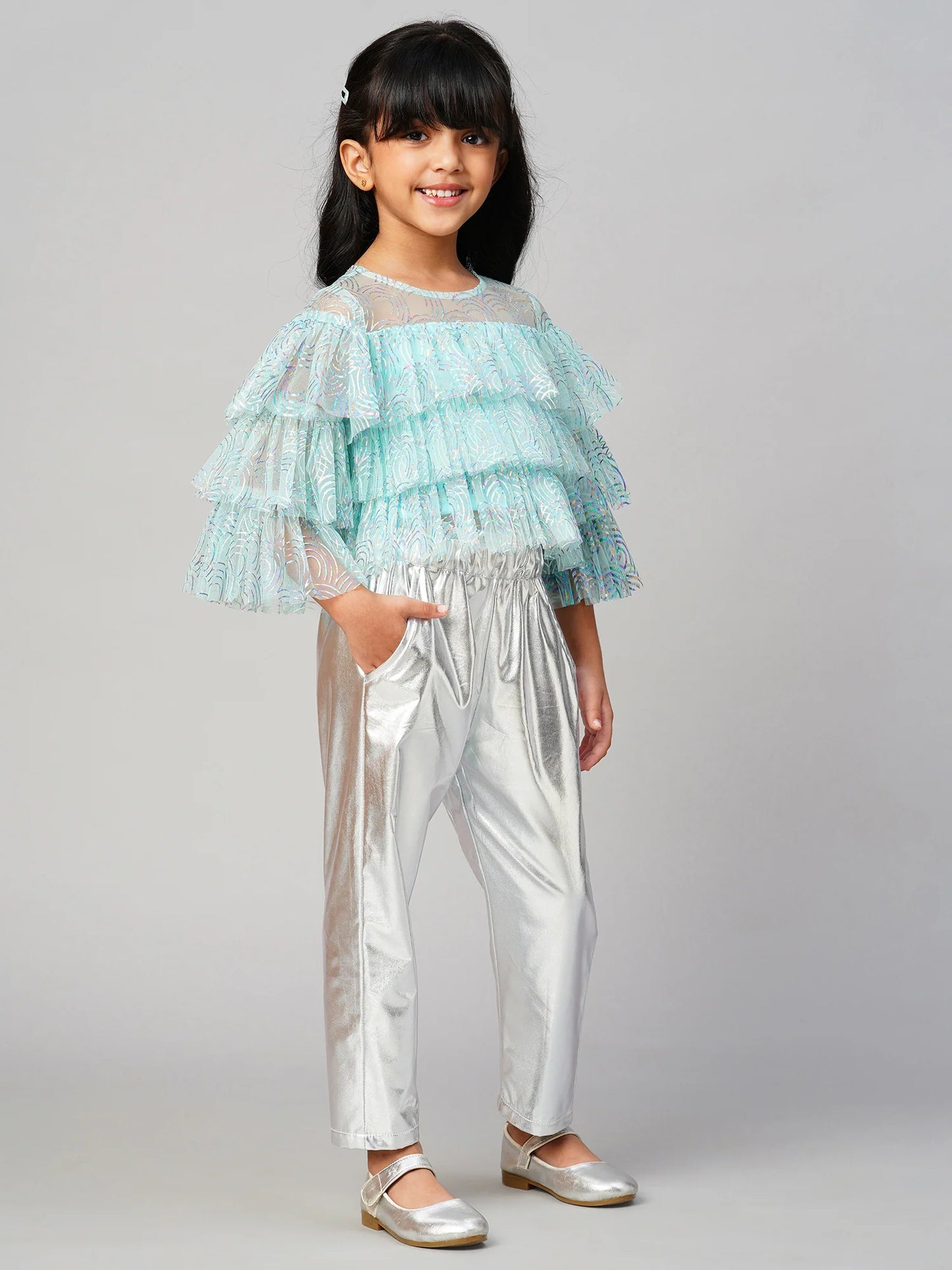 Glam Up Girls Shimmer Blue Party Top with Pant set for Girls - Kee&Ka