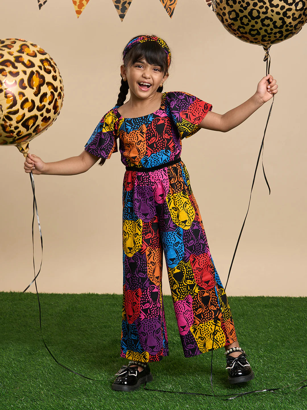 Leopard Print Girls Jumpsuit with Hairband – Stylish Kids Outfit
