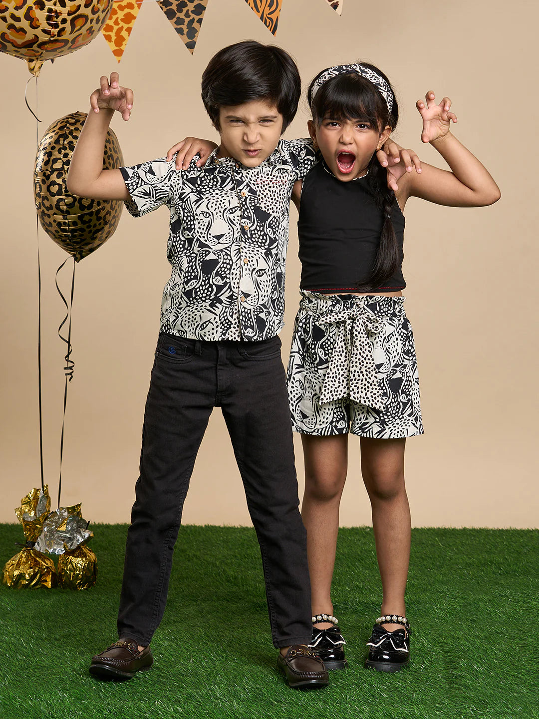 Leopard Girls Brown and Black Printed Top and Shorts Set with Hairband - Kee&Ka