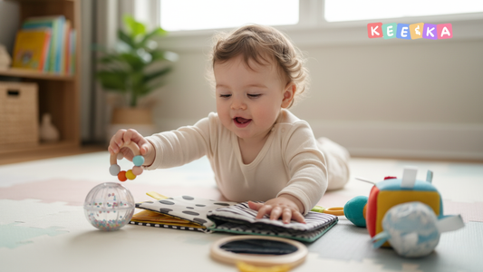 baby holding a sensory toy
