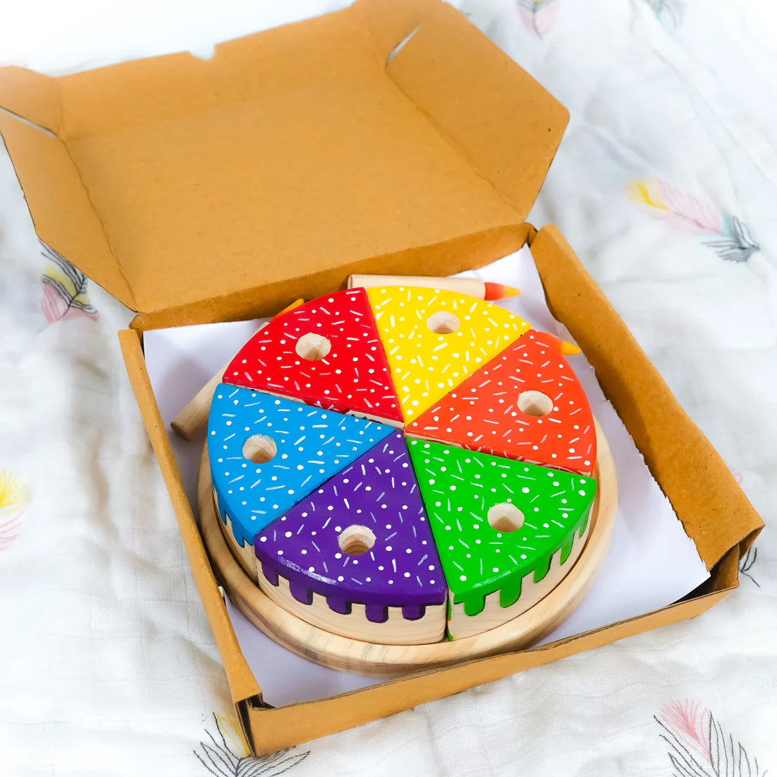 Wooden Rainbow Fruit Cake Toy with Candles | Montessori Educational Pretend Play Cake