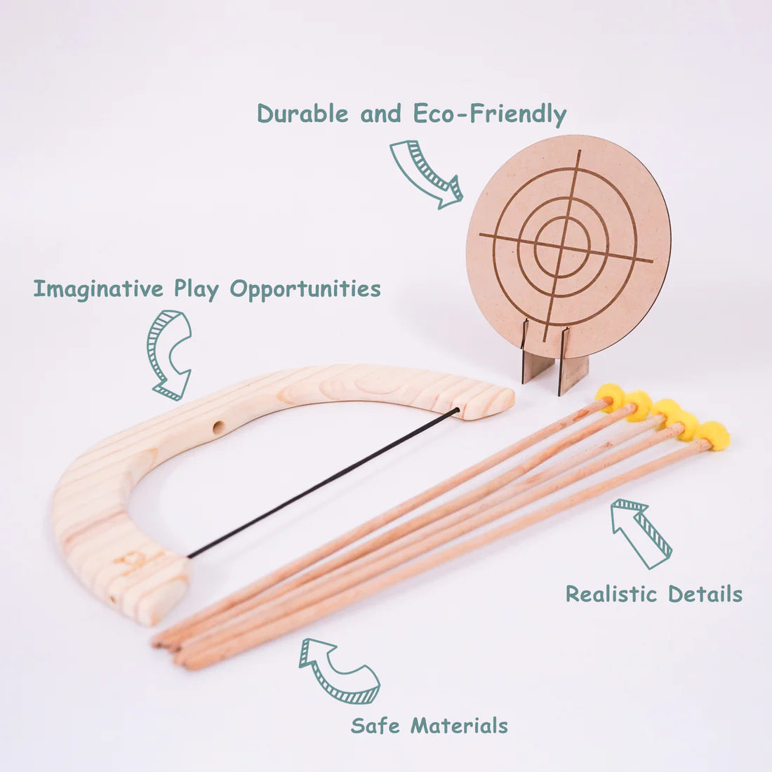 Handmade Wooden Bow and Arrow Set with Pom-Pom Arrows – Eco-Friendly Outdoor Archery Toy for Kids
