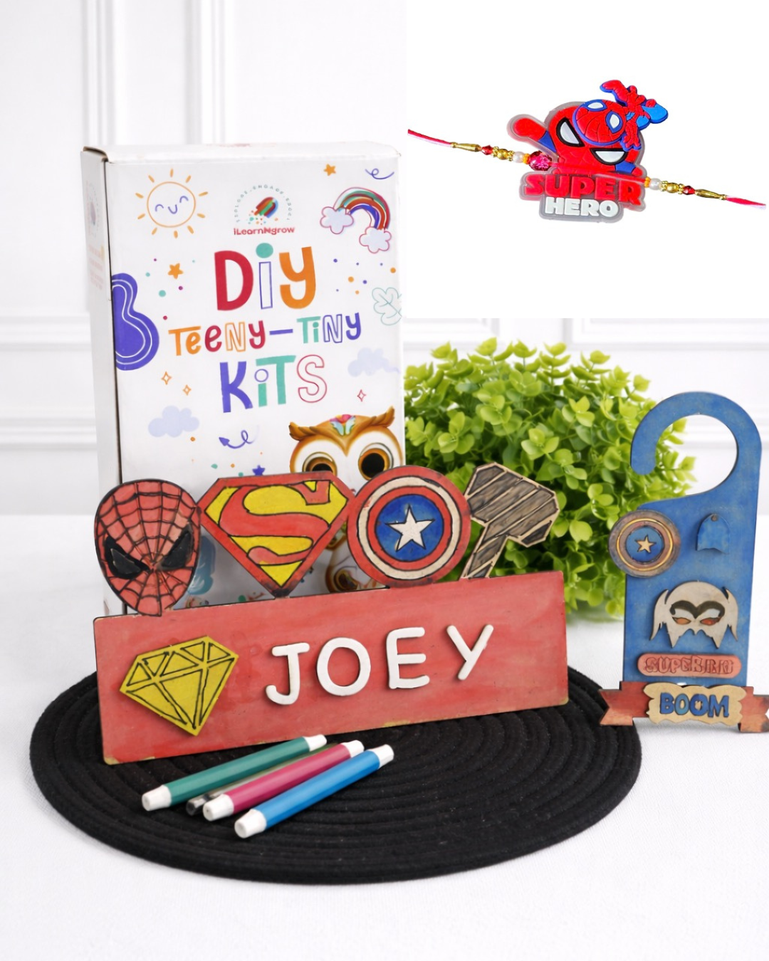 ILearnnGrow Superhero Rakhi Combo – DIY Superhero Door Knob & Name Plate Kit with Superhero Rakhi