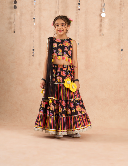 Girls Black Cotton Lehanga and Choli with Dupata Ethnic Set - Kee&Ka