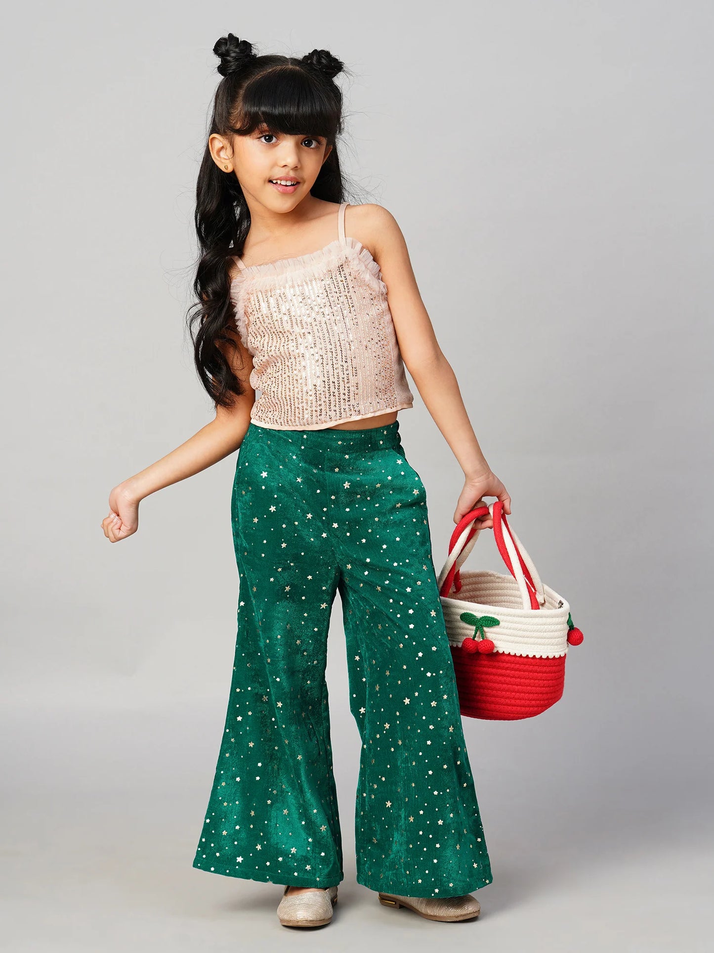 Razzle Dazzle Girls Gold Sequins Party Top With Velvet Pants - Kee&Ka
