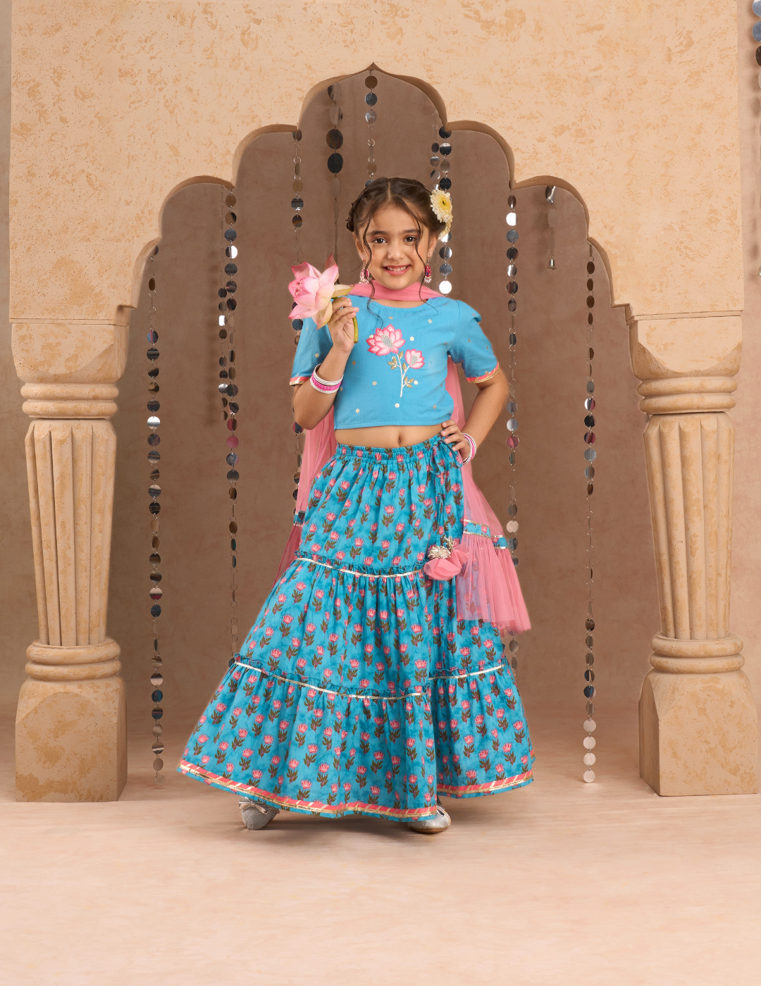 Girls Blue Cotton Lehanga and Choli with Dupata Ethnic Set - Kee&Ka