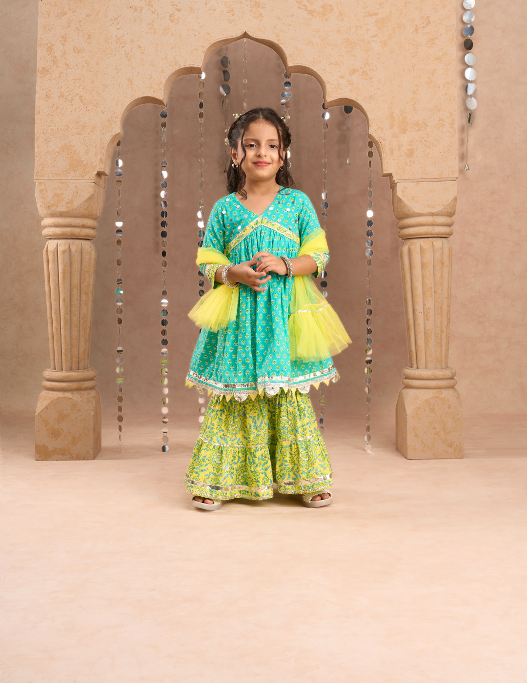 Girls Green Cotton Kurta with Sharara with Dupata Ethnic Set - Kee&Ka