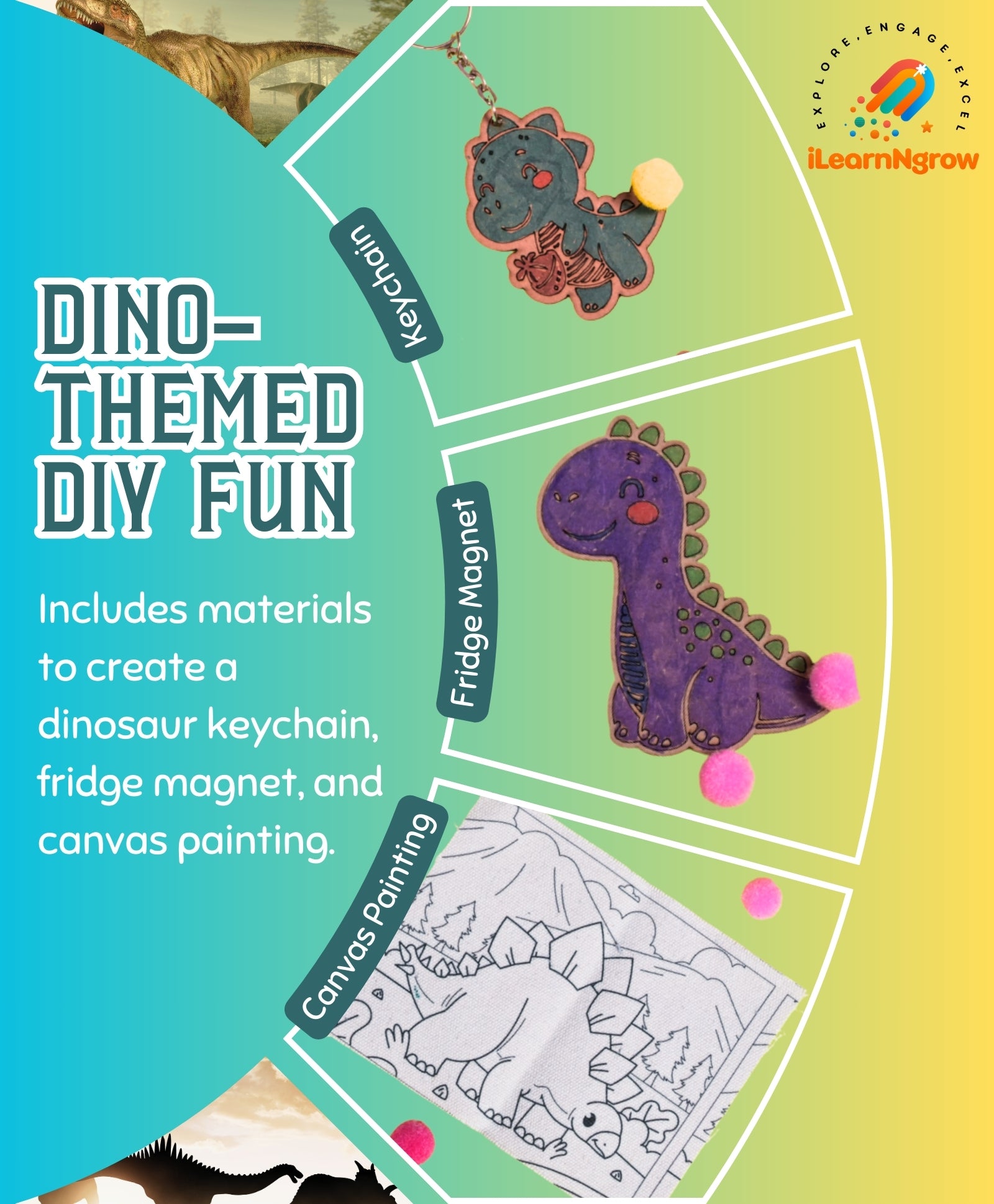 ILearnnGrow Dino Rakhi Combo – DIY Dinosaur Painting Kit with Dino Keychain, Fridge Magnet, Canvas Painting & Dino Rakhi