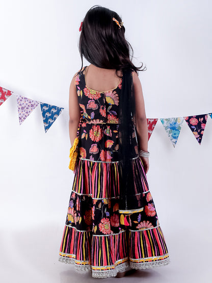 Girls Black Cotton Lehanga and Choli with Dupata Ethnic Set - Kee&Ka