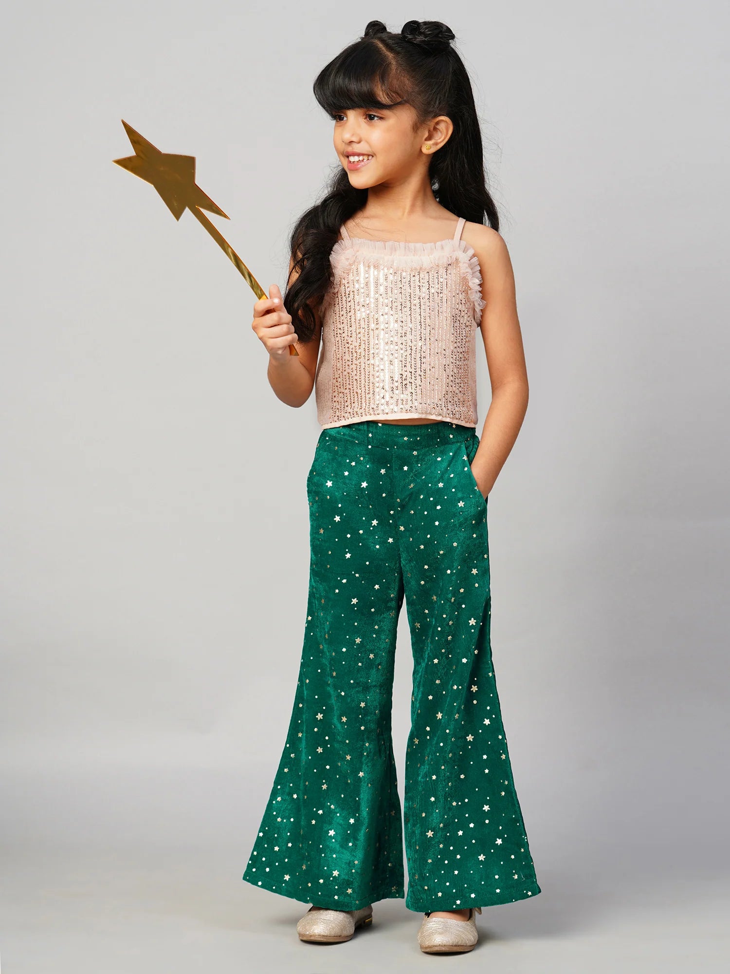 Razzle Dazzle Girls Gold Sequins Party Top With Velvet Pants - Kee&Ka