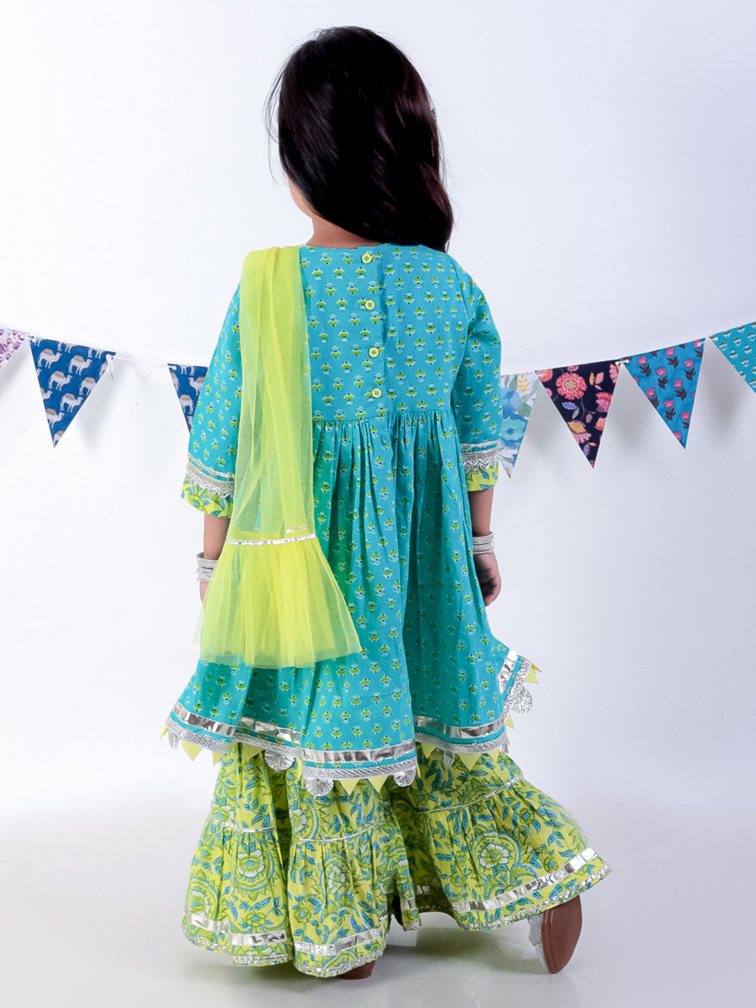 Girls Green Cotton Kurta with Sharara with Dupata Ethnic Set - Kee&Ka