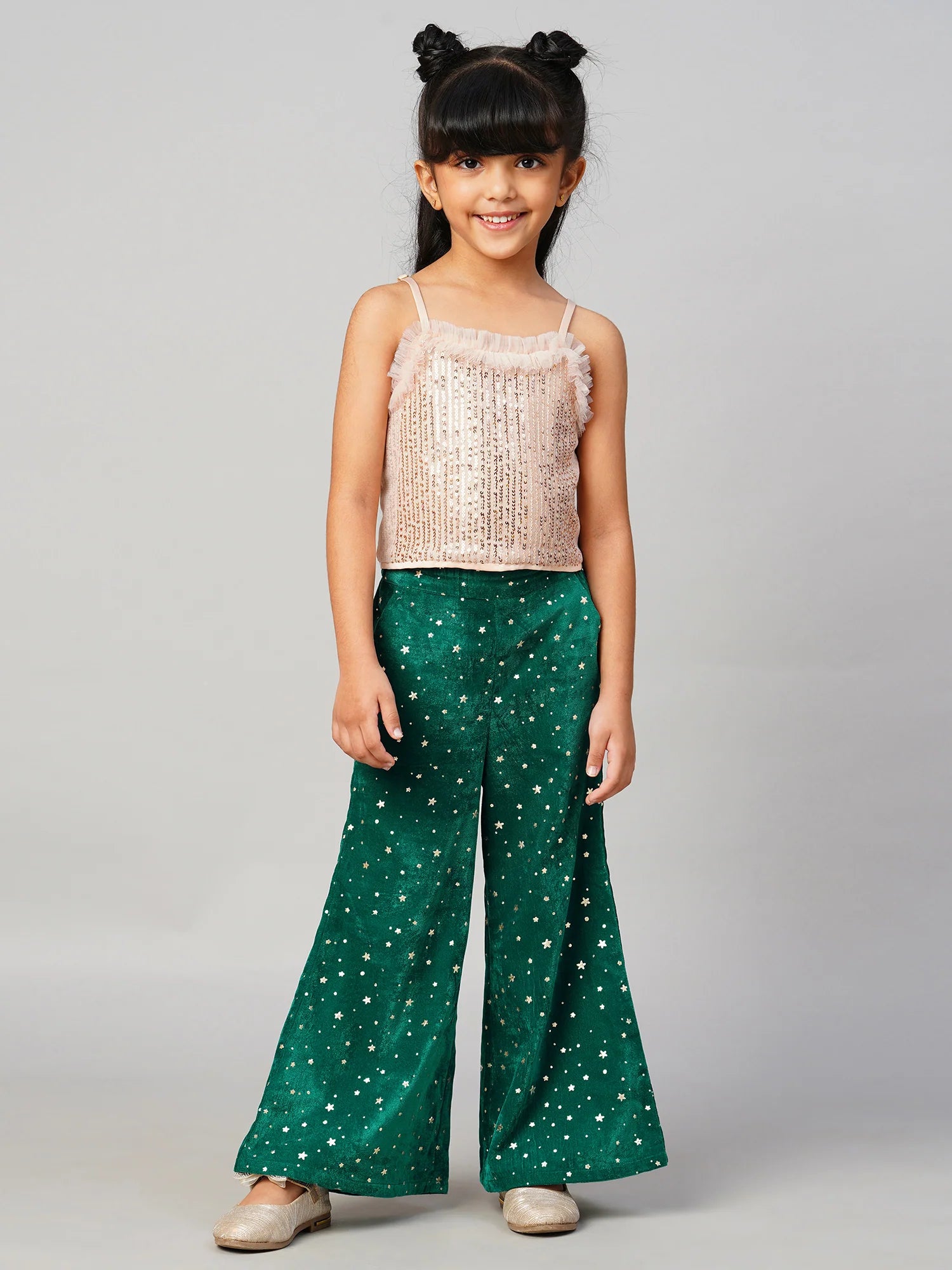 Razzle Dazzle Girls Gold Sequins Party Top With Velvet Pants - Kee&Ka