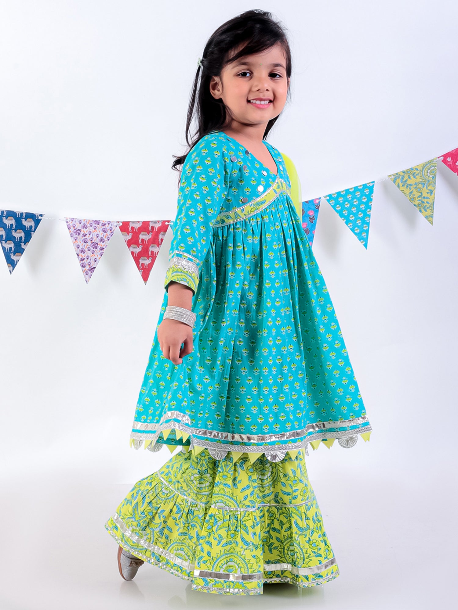 Girls Green Cotton Kurta with Sharara with Dupata Ethnic Set - Kee&Ka