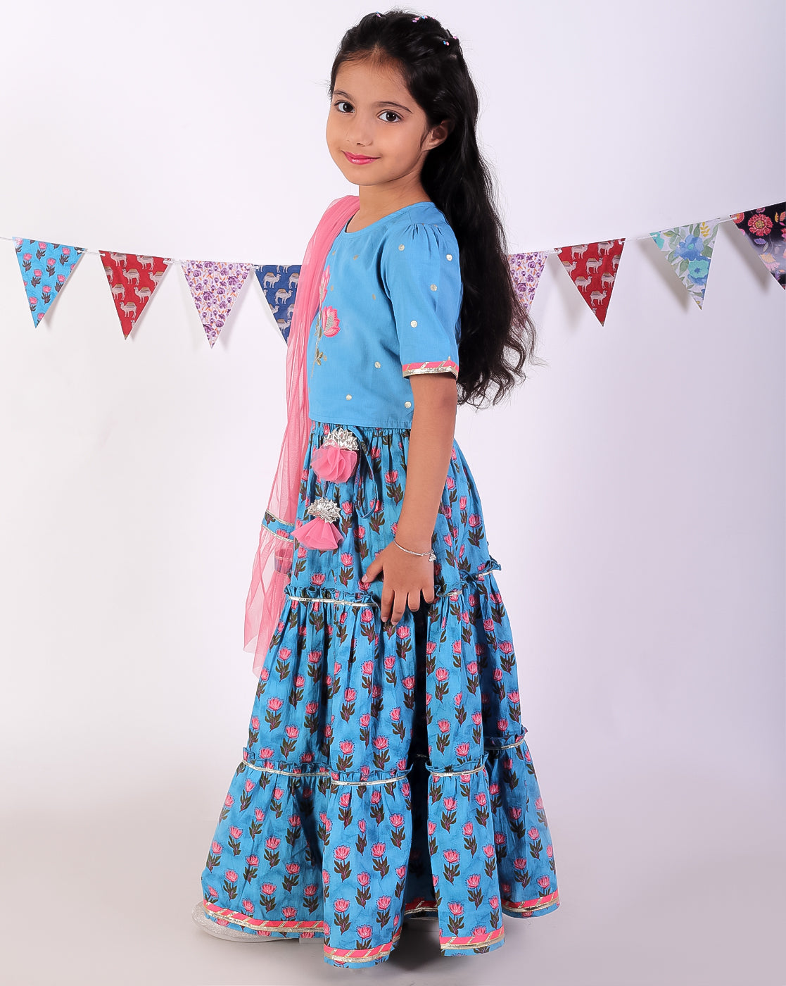 Girls Blue Cotton Lehanga and Choli with Dupata Ethnic Set - Kee&Ka