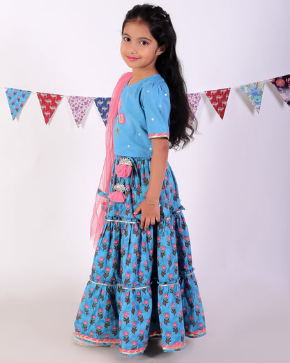 Girls Blue Cotton Lehanga and Choli with Dupata Ethnic Set - Kee&Ka