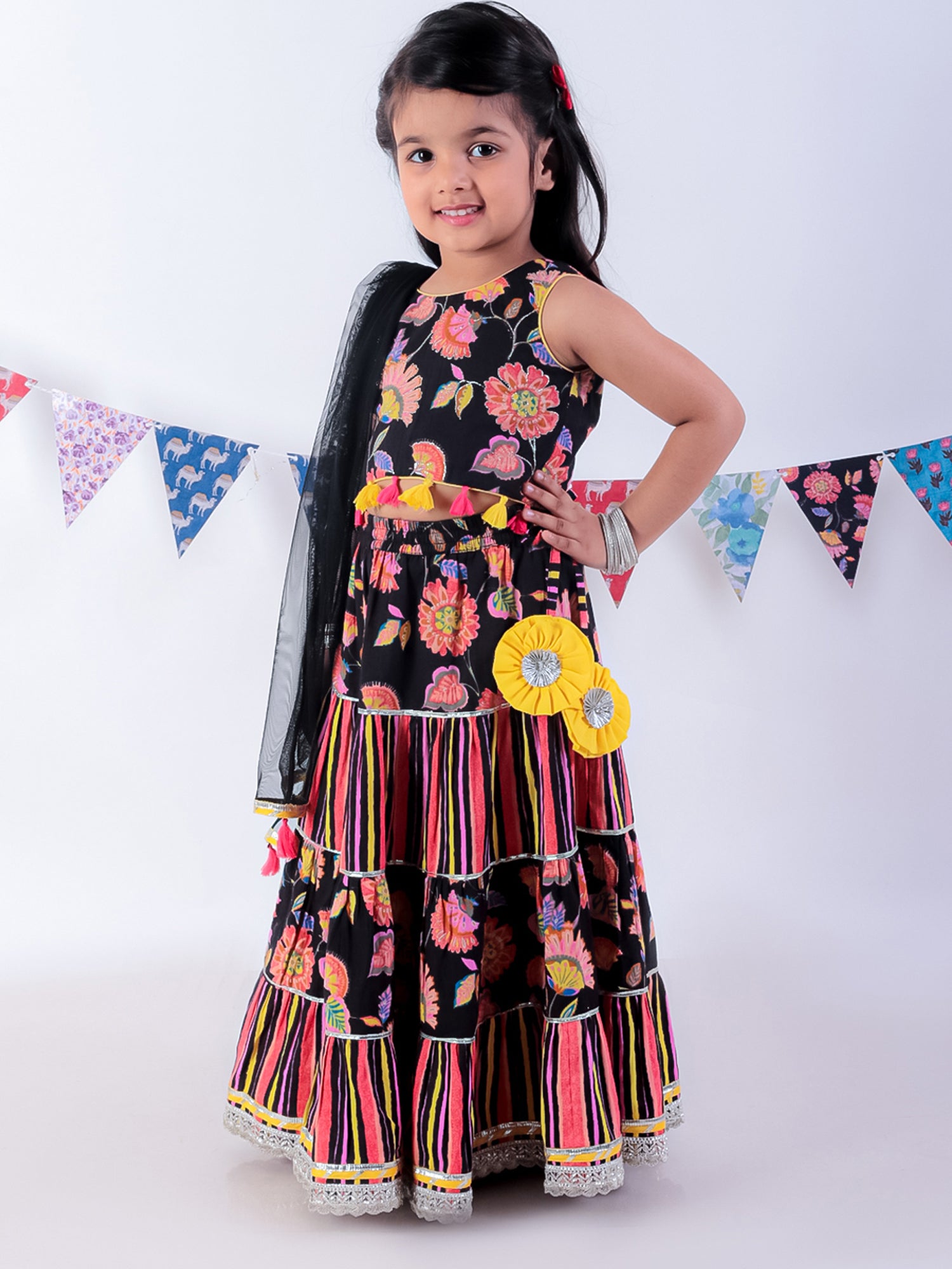 Girls Black Cotton Lehanga and Choli with Dupata Ethnic Set - Kee&Ka