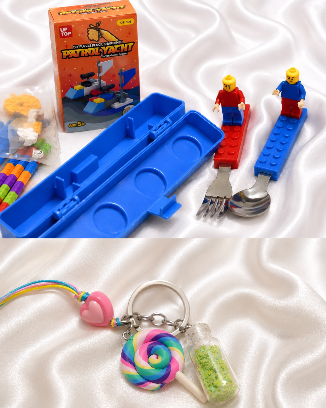 ILearnnGrow Lego Rakhi Hamper – Creative Gift Basket with Lego Frame, Pencil, Cutlery Set, Sharpener & Rakhi