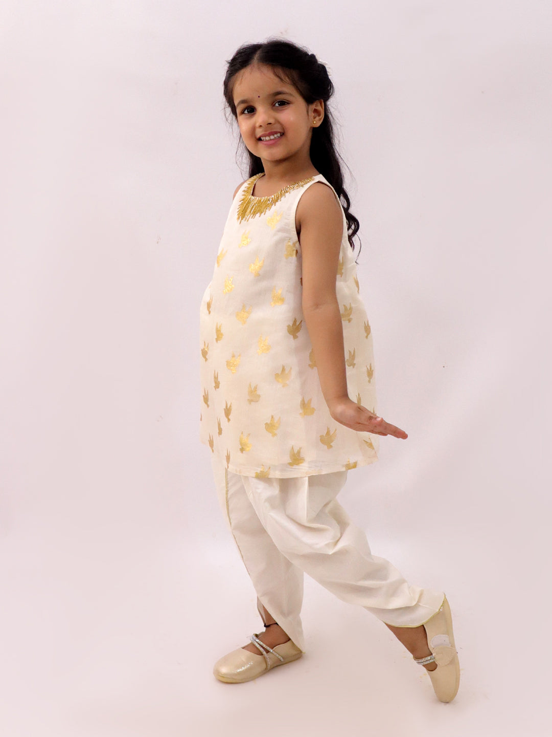 Off White Kurta and Dhoti Set For Girls