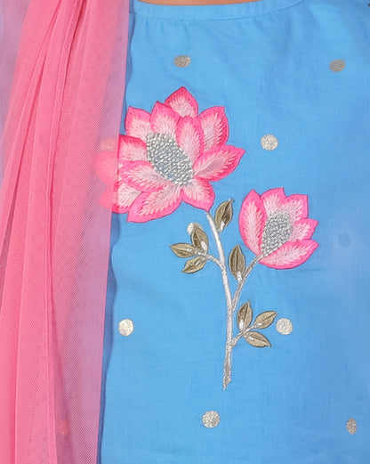 Girls Blue Cotton Lehanga and Choli with Dupata Ethnic Set - Kee&Ka