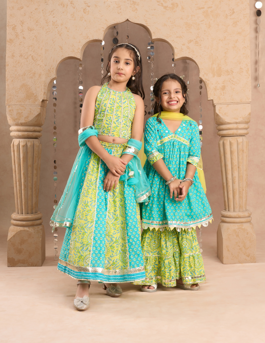 Girls Green Cotton Kurta with Sharara with Dupata Ethnic Set - Kee&Ka