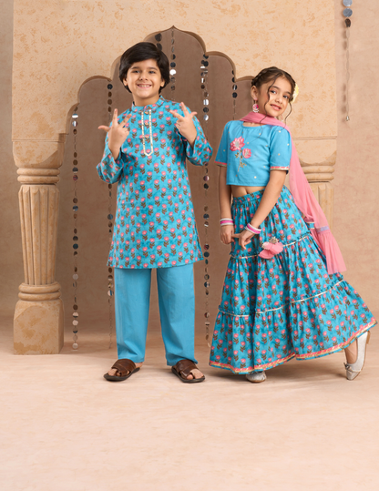 Girls Blue Cotton Lehanga and Choli with Dupata Ethnic Set - Kee&Ka