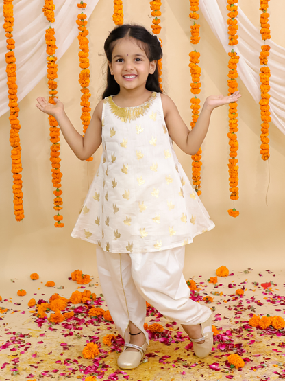 Off White Kurta and Dhoti Set For Girls