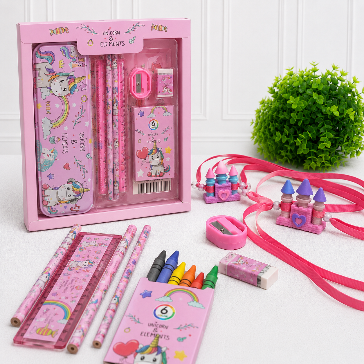ILearnnGrow Unicorn Theme Stationery Rakhi Combo – Unicorn Pencil Box Set with Castle Rakhi for Kids