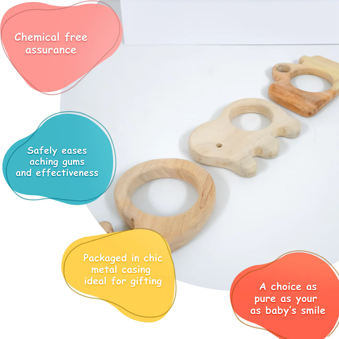 Wooden Teething Toys for Babies – Elephant, Whale & Camera Teether Set