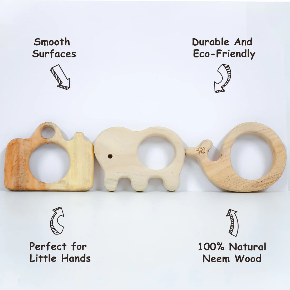Wooden Teething Toys for Babies – Elephant, Whale & Camera Teether Set