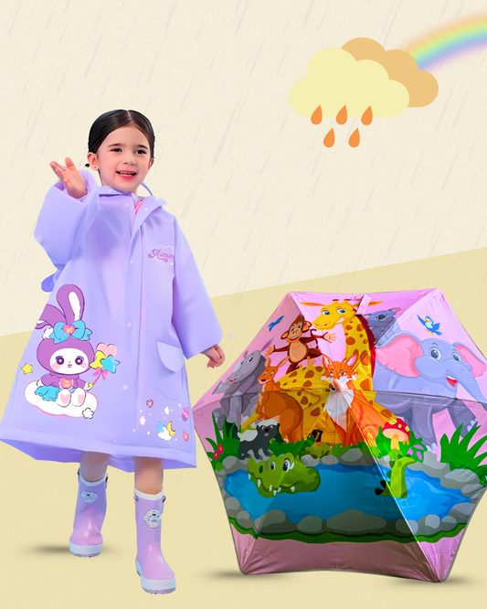 Round Corner Pink Jungle + Purple Doll Raincoat