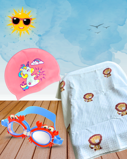 Towel + Cap + Quirky Goggles Combo