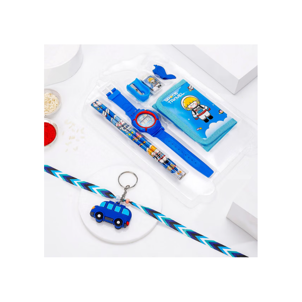 ILearnnGrow Luggage Packing Stationery Rakhi Combo – Complete School Essentials Gift Set with Watch, Wallet & Rakhi- Blue