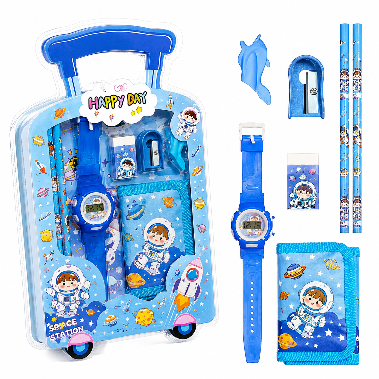 ILearnnGrow Luggage Packing Stationery Rakhi Combo – Complete School Essentials Gift Set with Watch, Wallet & Rakhi- Blue