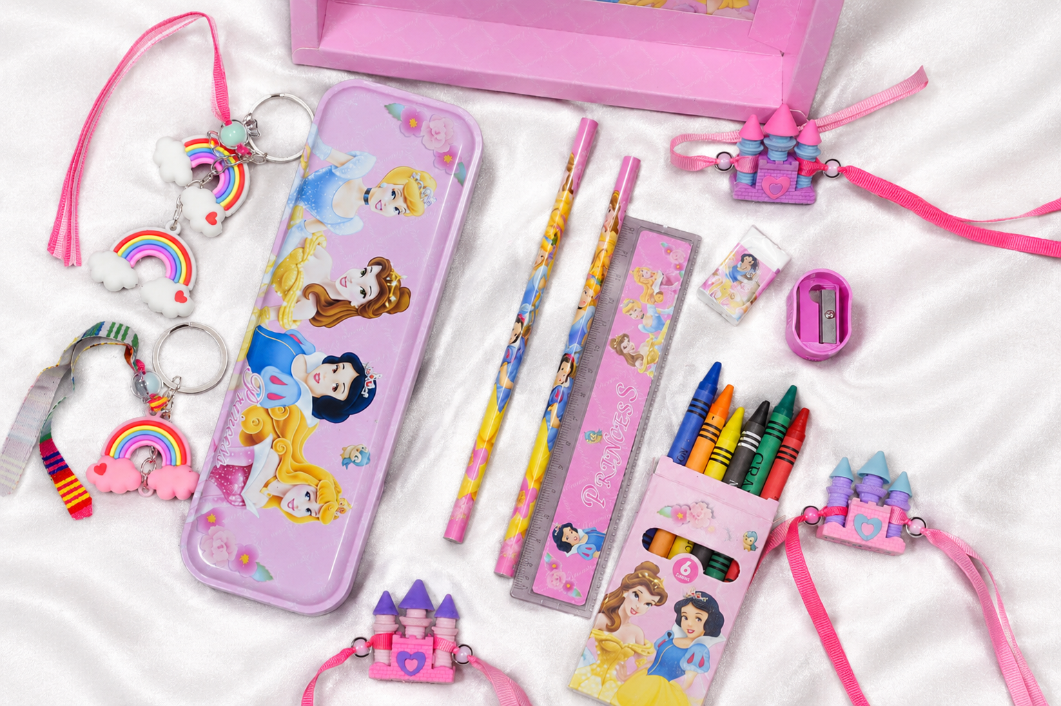 ILearnnGrow Princess Theme Stationery Rakhi Combo – Princess Pencil Box Set with Castle Rakhi for Kids