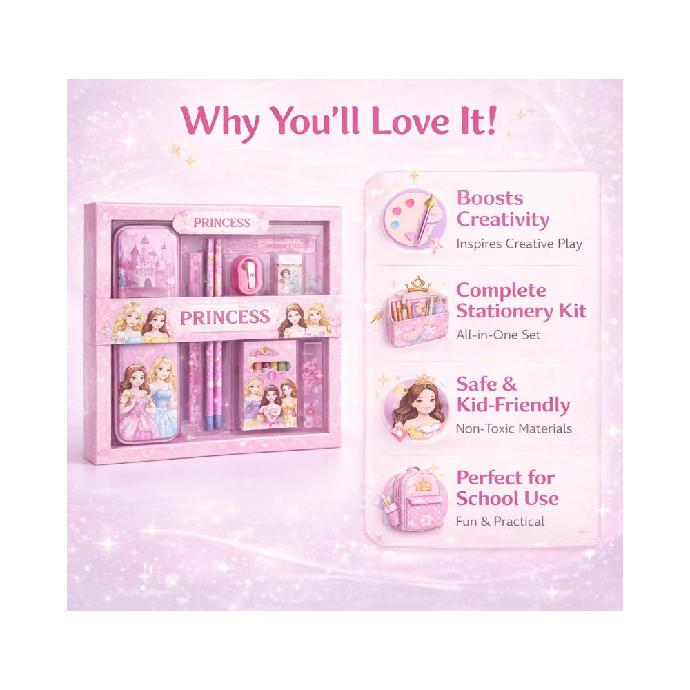 ILearnnGrow Princess Theme Stationery Rakhi Combo – Princess Pencil Box Set with Castle Rakhi for Kids