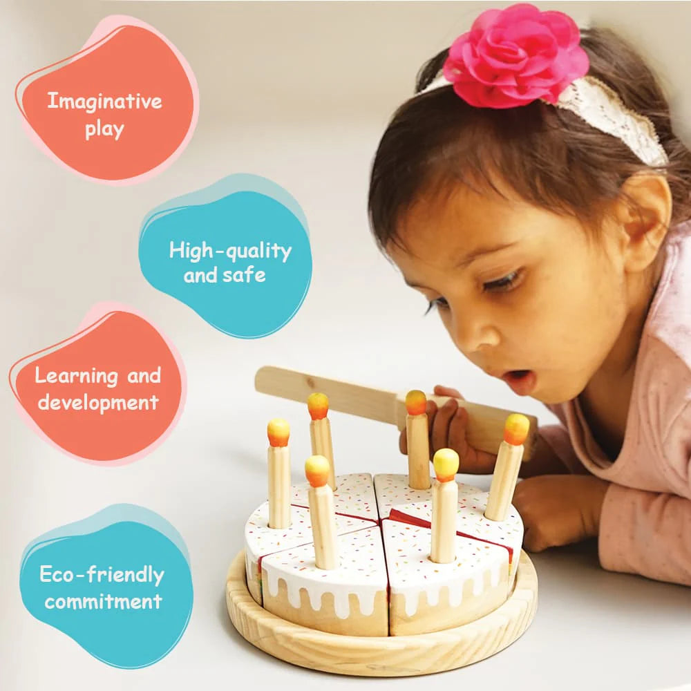 Wooden Rainbow-Filled Vanilla Cake Toy with 6 Slices & Candles | Montessori Pretend Play Set