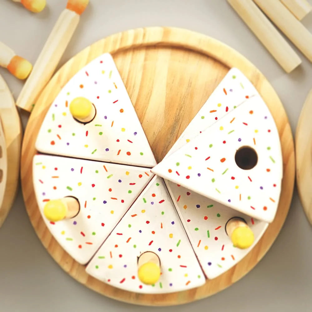 Wooden Rainbow-Filled Vanilla Cake Toy with 6 Slices & Candles | Montessori Pretend Play Set