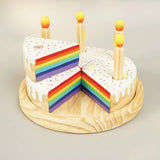 Wooden Rainbow-Filled Vanilla Cake Toy with 6 Slices & Candles | Montessori Pretend Play Set