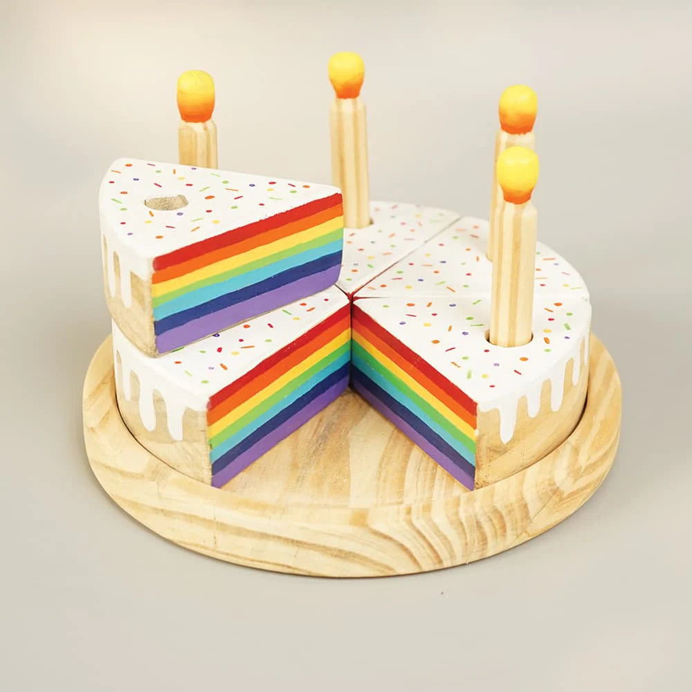 Wooden Rainbow-Filled Vanilla Cake Toy with 6 Slices & Candles | Montessori Pretend Play Set