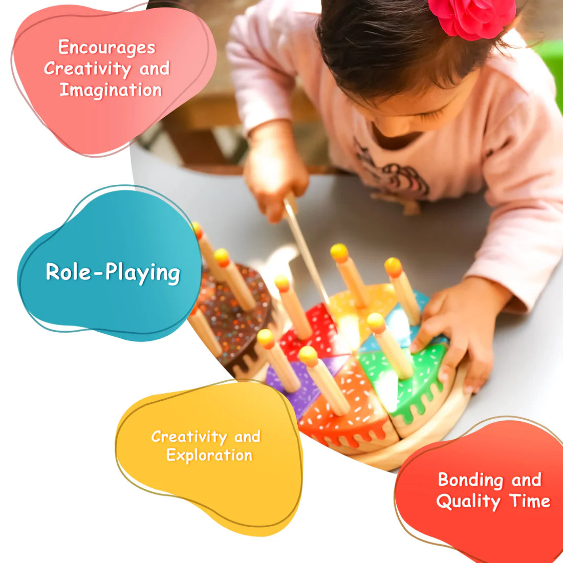 Wooden Rainbow Fruit Cake Toy with Candles | Montessori Educational Pretend Play Cake