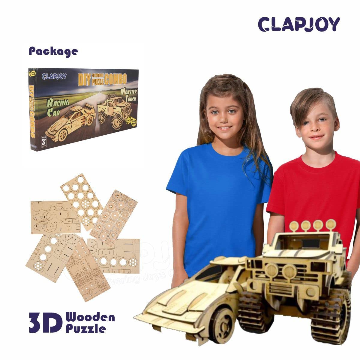 Clapjoy 3D Wooden Puzzle Monster Truck and Racing Car Combo - Kee&Ka