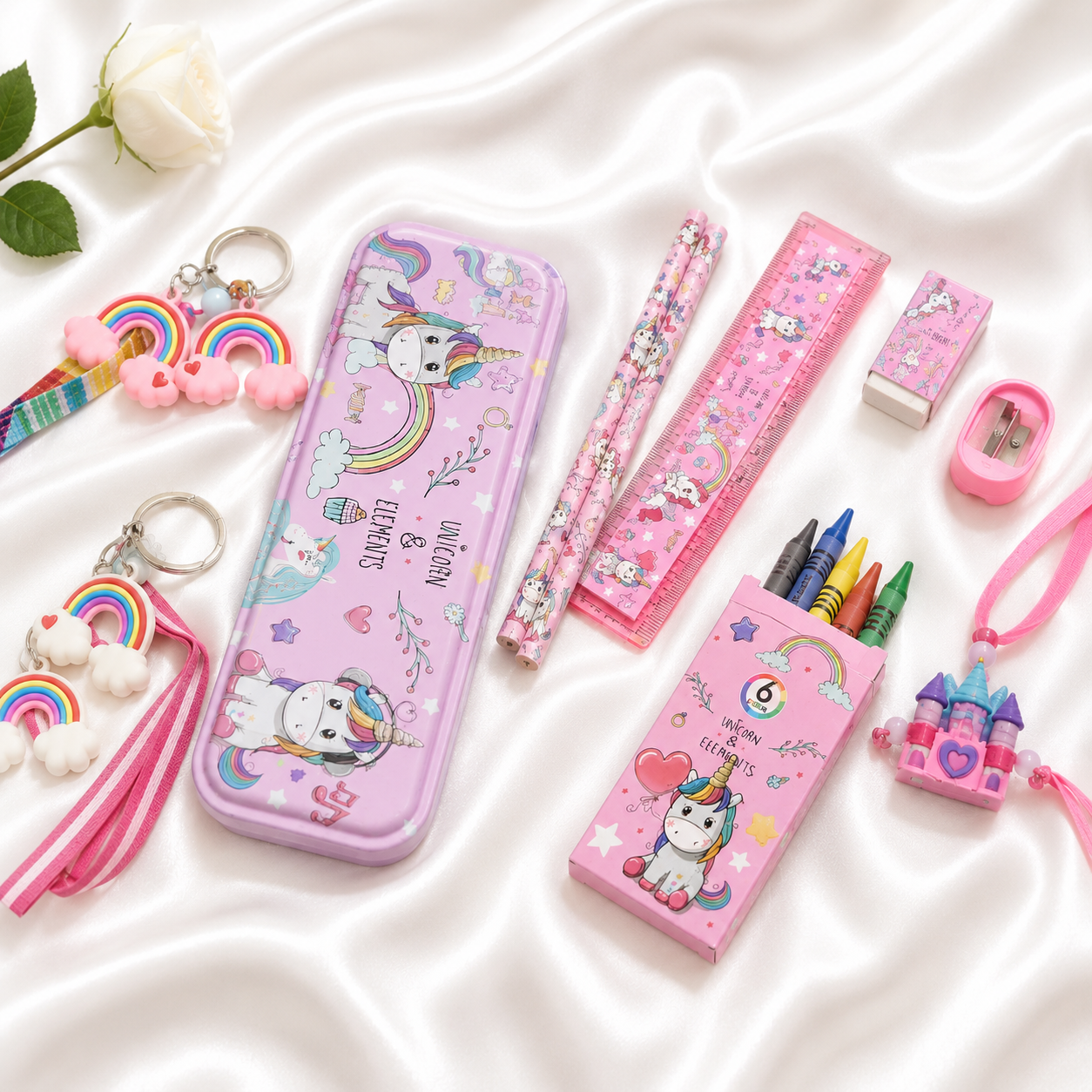 ILearnnGrow Unicorn Theme Stationery Rakhi Combo – Unicorn Pencil Box Set with Castle Rakhi for Kids