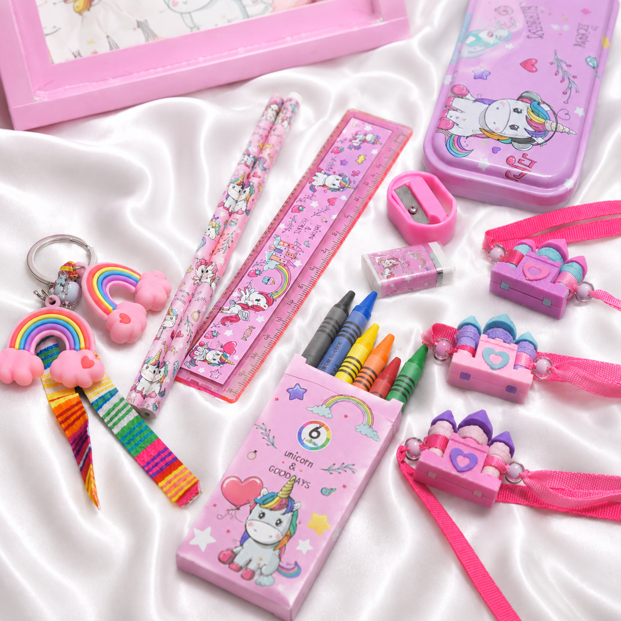 ILearnnGrow Unicorn Theme Stationery Rakhi Combo – Unicorn Pencil Box Set with Castle Rakhi for Kids