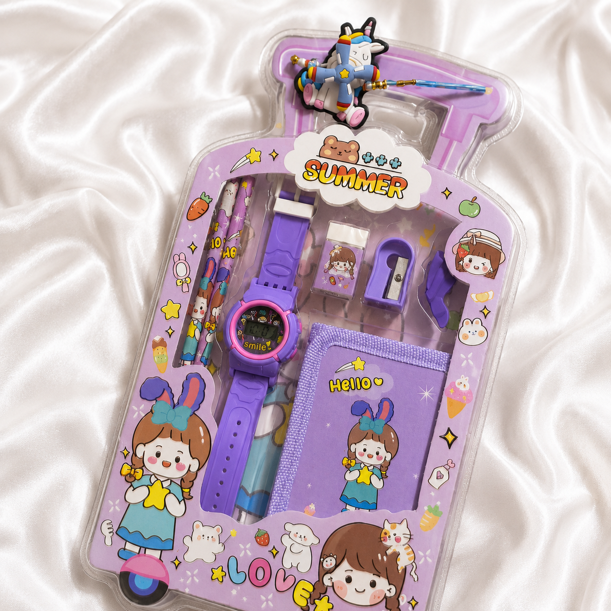 ILearnnGrow Luggage Packing Stationery Rakhi Combo – Complete School Essentials Gift Set with Watch, Wallet & Rakhi- Purple
