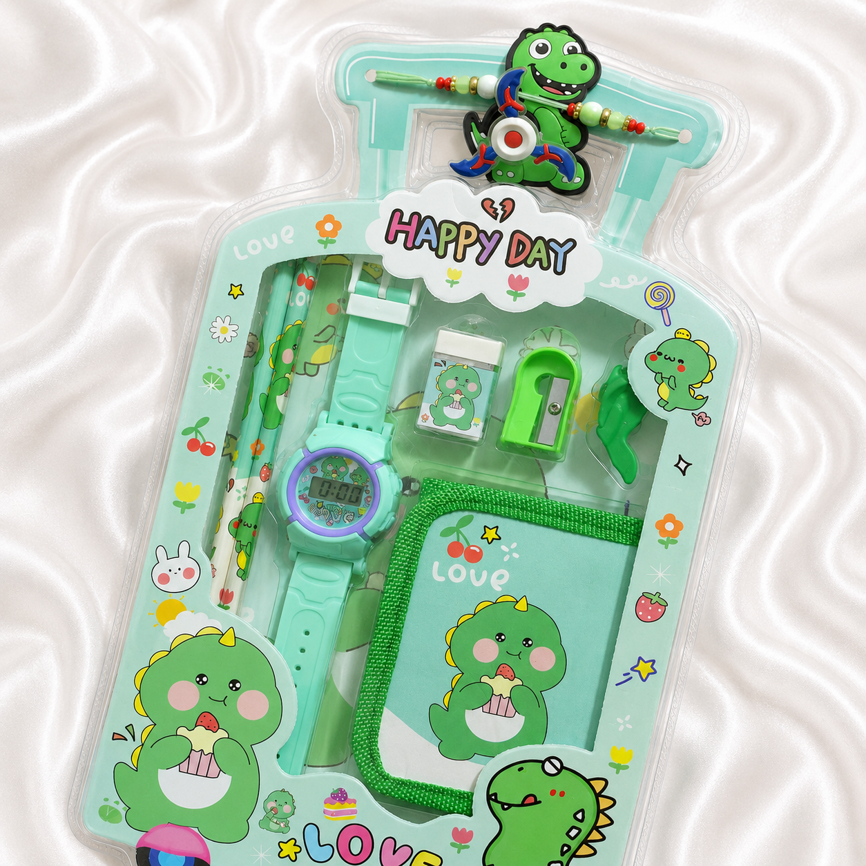 ILearnnGrow Luggage Packing Stationery Rakhi Combo – Complete School Essentials Gift Set with Watch, Wallet & Rakhi- Green