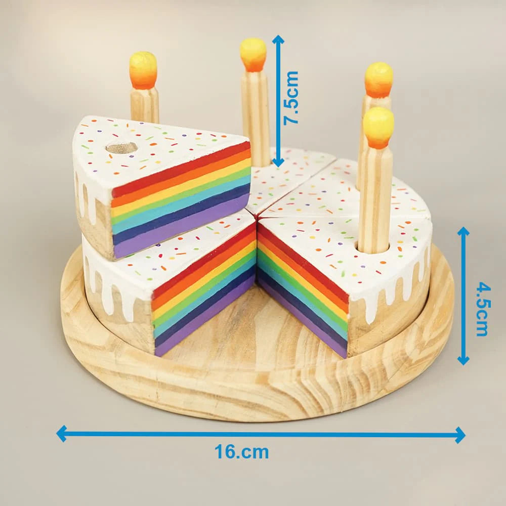 Wooden Rainbow-Filled Vanilla Cake Toy with 6 Slices & Candles | Montessori Pretend Play Set