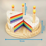 Wooden Rainbow-Filled Vanilla Cake Toy with 6 Slices & Candles | Montessori Pretend Play Set