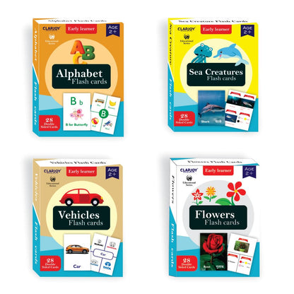 Clapjoy Double Sided Flash Cards for Kids (4-Alphabet,Sea Creature,Vehicles & Flowers) - Kee&Ka